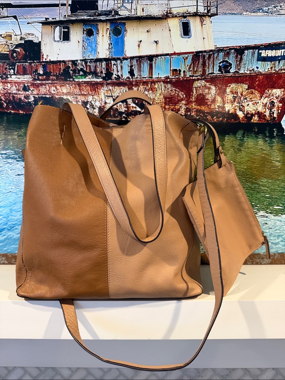 Lucky Brand two toned pebbled leather tote bag w/ detachable long strap & pouch